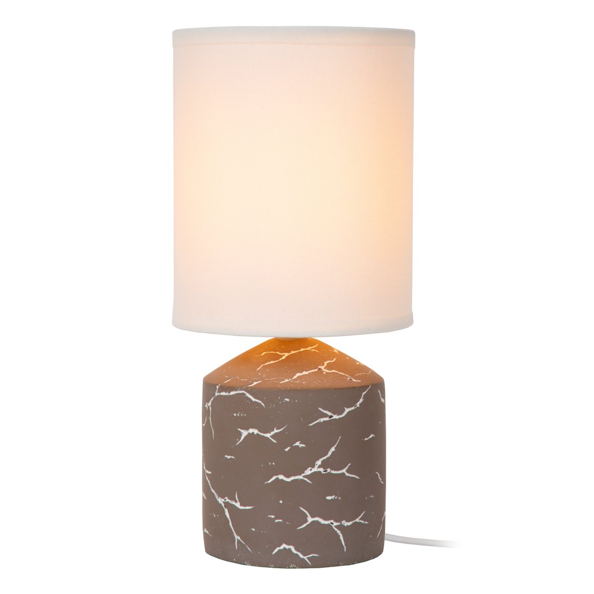 Fran 30cm Taupe bordlampe Fra Lucide - Det hvide, uregelmæssige mørke mønster på foden giver et marmoreret udseende og skaber en flot kontrast mod den mørke overflade.