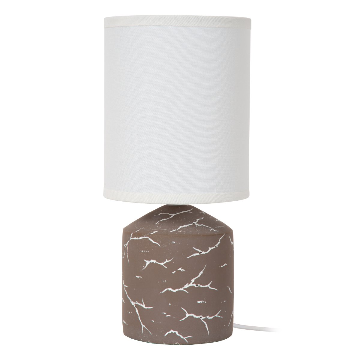 Fran 30cm Taupe bordlampe Fra Lucide - Det hvide, uregelmæssige mørke mønster på foden giver et marmoreret udseende og skaber en flot kontrast mod den mørke overflade.