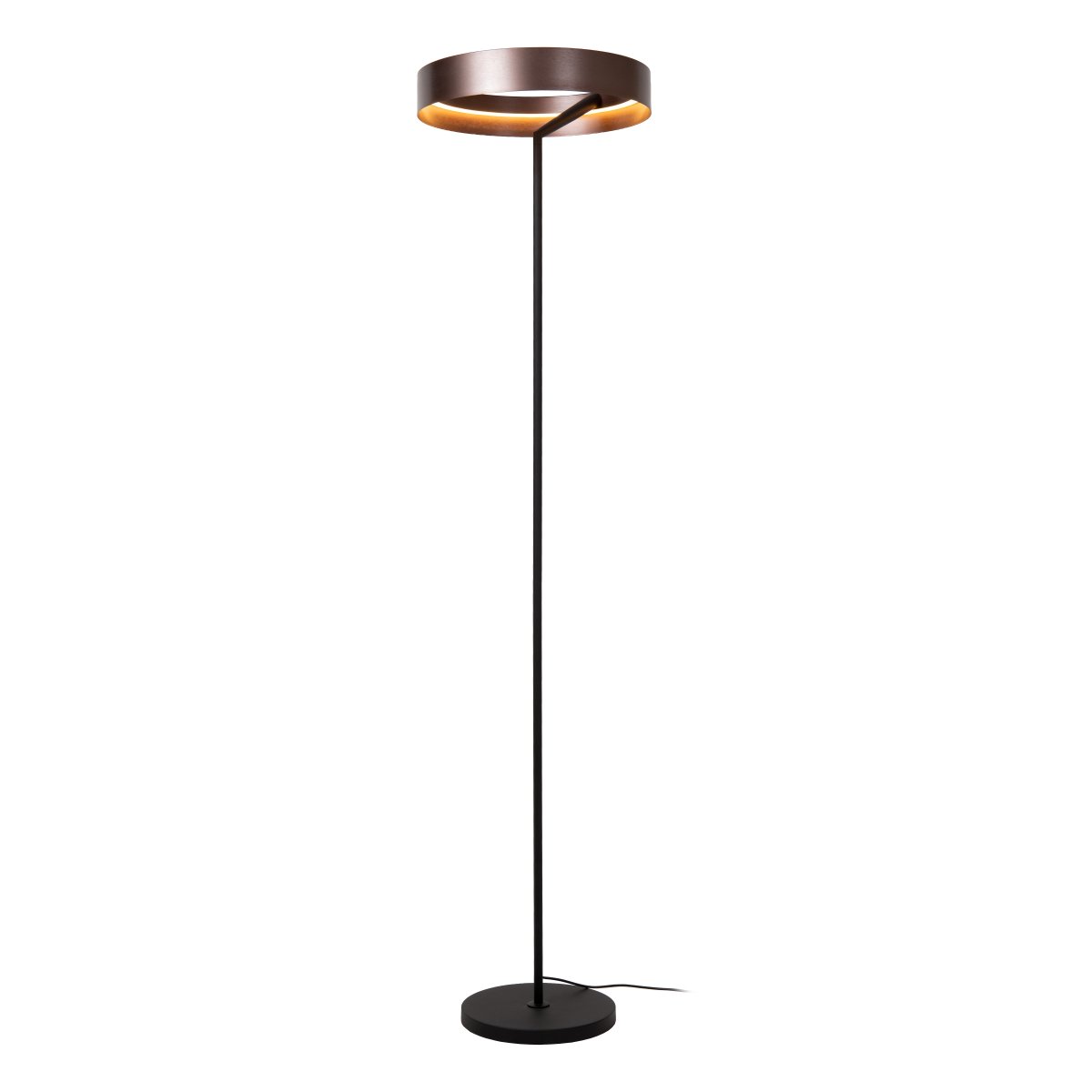 Leonard Brun gulvlampe Fra Lucide - Den cirkul&aelig;re sk&aelig;rm har en elegant metallisk brun finish og en integreret LED-strip p&aring; indersiden, der spreder et kraftfuldt og behageligt lys nedad.