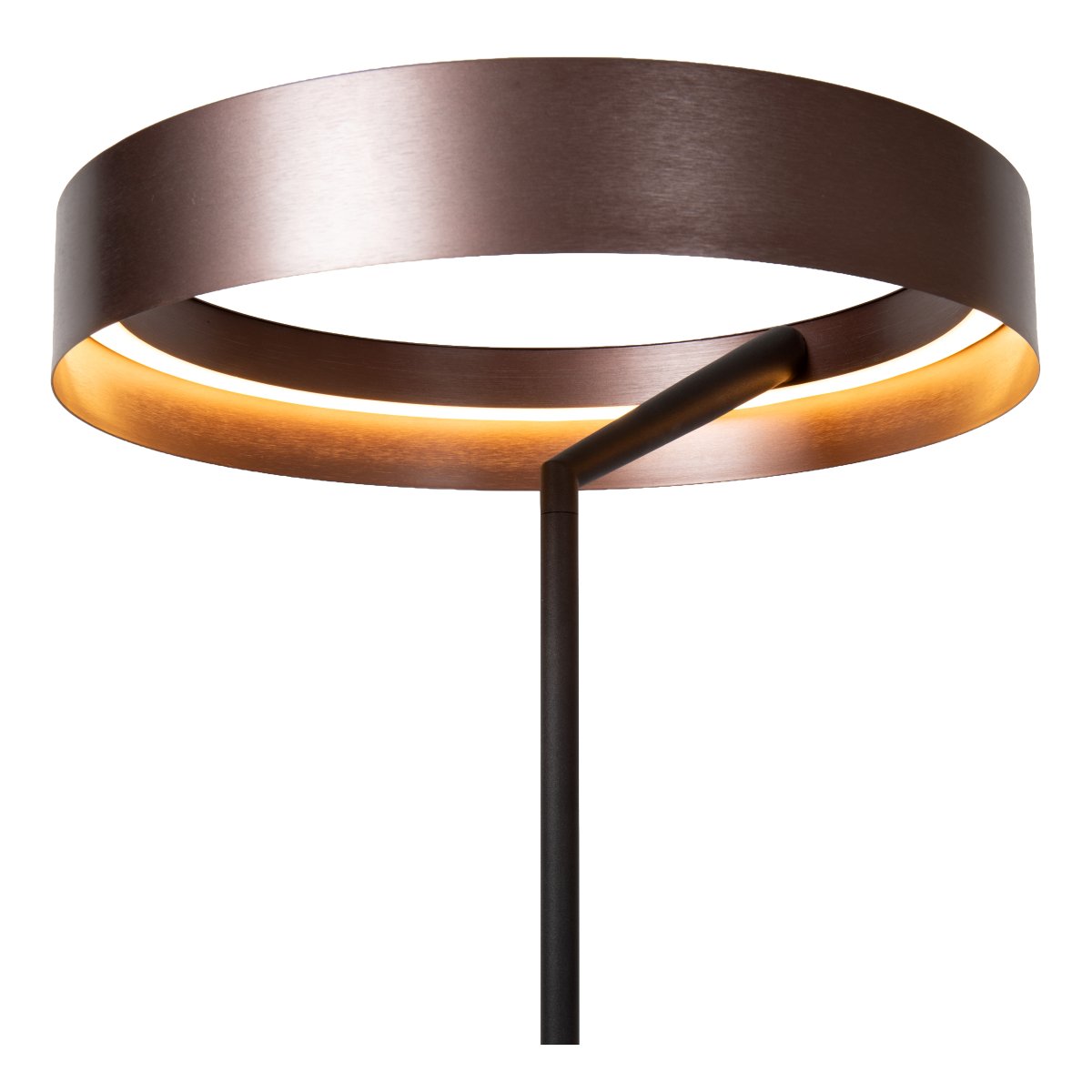 Leonard Brun gulvlampe Fra Lucide - Den cirkul&aelig;re sk&aelig;rm har en elegant metallisk brun finish og en integreret LED-strip p&aring; indersiden, der spreder et kraftfuldt og behageligt lys nedad.
