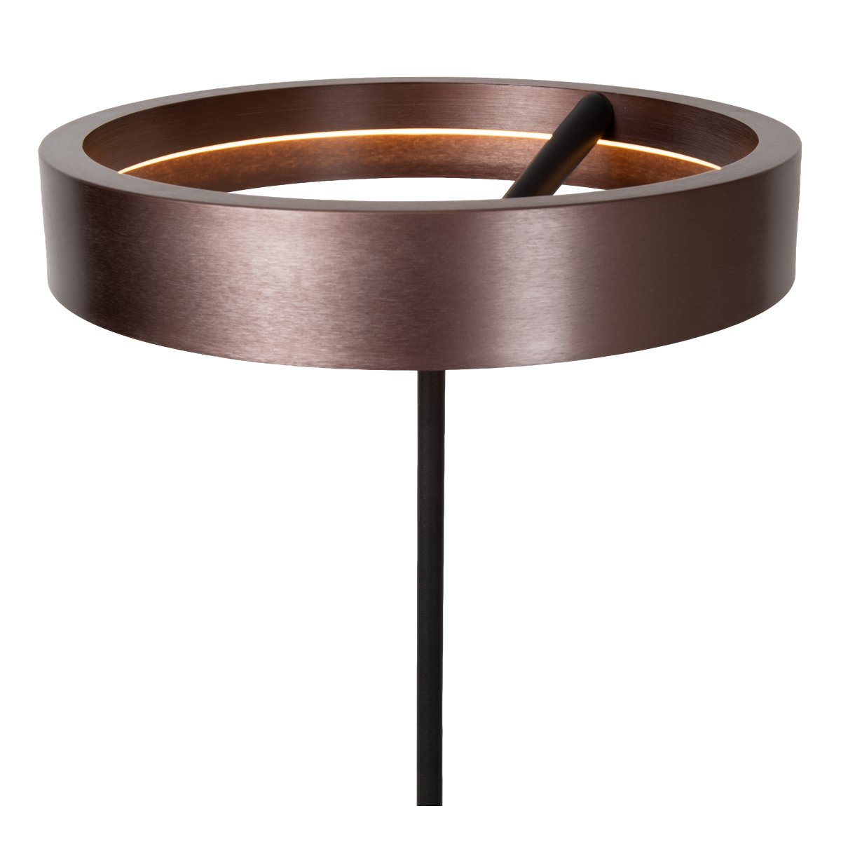 Leonard Brun gulvlampe Fra Lucide - Den cirkul&aelig;re sk&aelig;rm har en elegant metallisk brun finish og en integreret LED-strip p&aring; indersiden, der spreder et kraftfuldt og behageligt lys nedad.