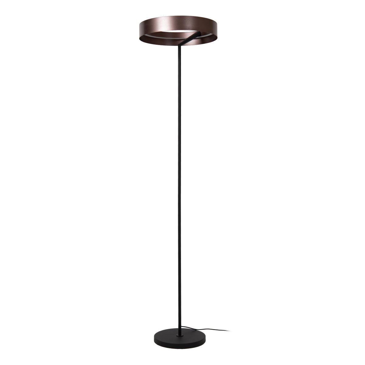 Leonard Brun gulvlampe Fra Lucide - Den cirkul&aelig;re sk&aelig;rm har en elegant metallisk brun finish og en integreret LED-strip p&aring; indersiden, der spreder et kraftfuldt og behageligt lys nedad.