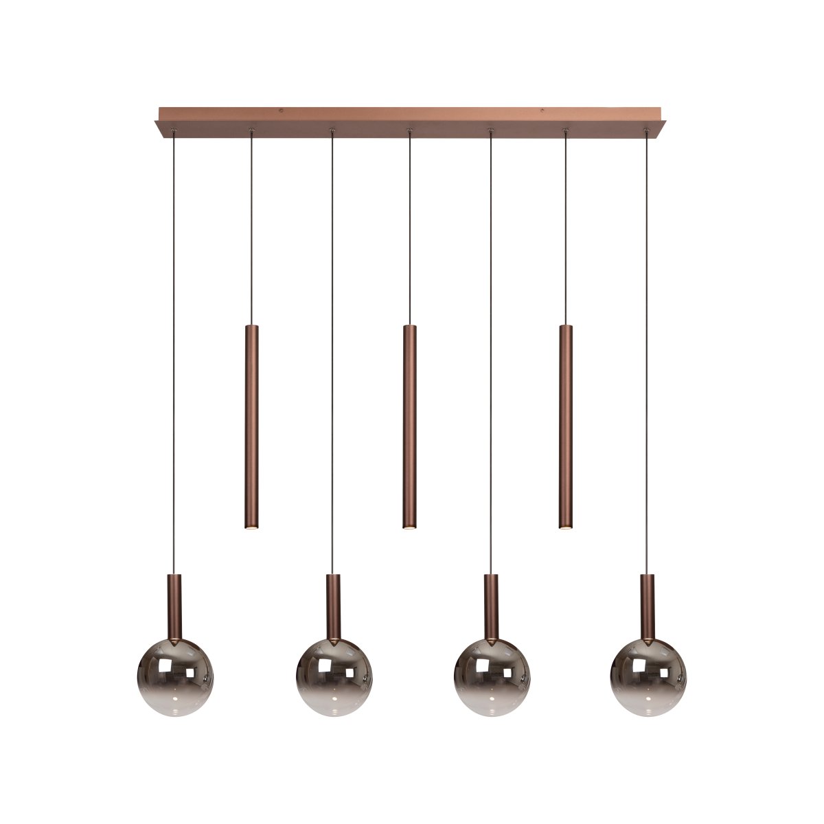 Jamsine 137cm Kobber loftslampe Fra Lucide - De r&oslash;gede sk&aelig;rme spreder et varmt og behageligt lys, mens de tre spotlights giver et rettet og klart lys nedad.