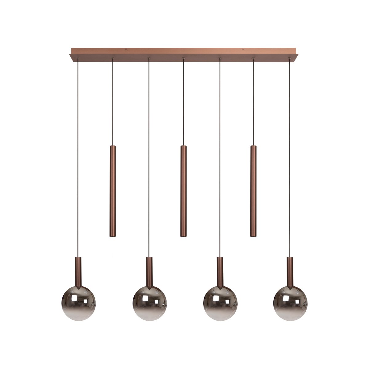 Jamsine 137cm Kobber loftslampe Fra Lucide - De r&oslash;gede sk&aelig;rme spreder et varmt og behageligt lys, mens de tre spotlights giver et rettet og klart lys nedad.