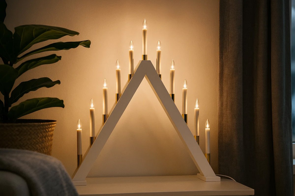 Hilda 11 Hvid Fra Pixie Design - Hilda lysestagen med 11 arme i hvid finish og gulddetaljer er en elegant og klassisk borddekoration, der bringer julestemningen ind i dit hjem.