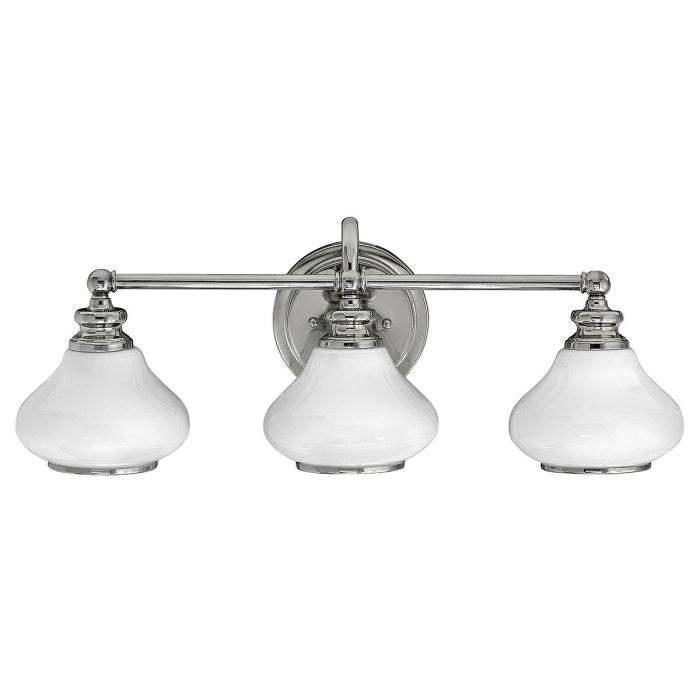 Ainsley 60cm Poleret krom badeværelseslampe Fra Elstead Lighting - De kuppelformede opalglassk&aelig;rme giver et bl&oslash;dt og behageligt lys og er kombineret med elegant poleret krom, der s&aelig;tter prikken over i'et.