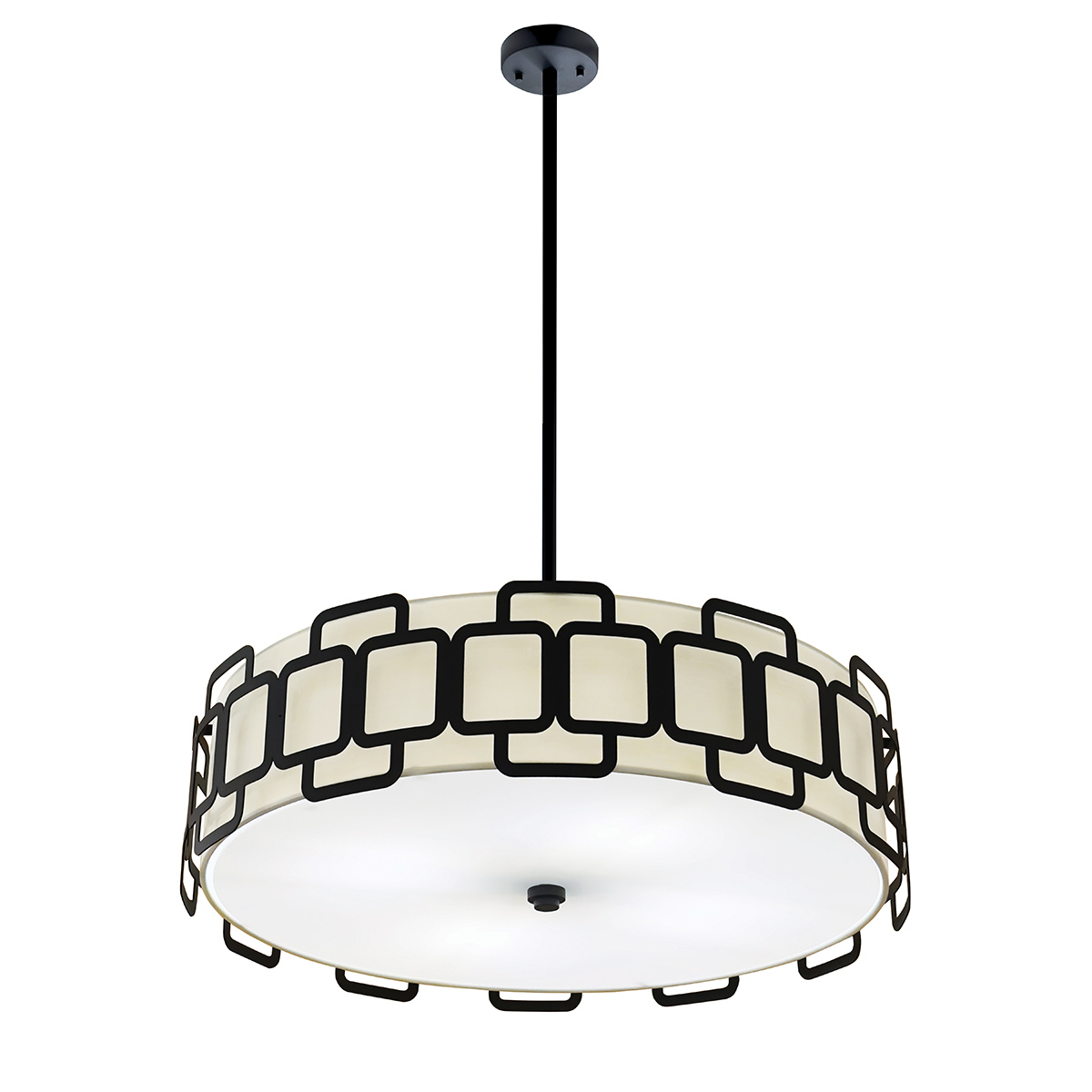 Sabina Ø57 Sort loftslampe Fra Elstead Lighting - Nedenunder er en bundplade i hvid plastik, der spreder lyset j&aelig;vnt og bl&aelig;ndfrit i rummet.