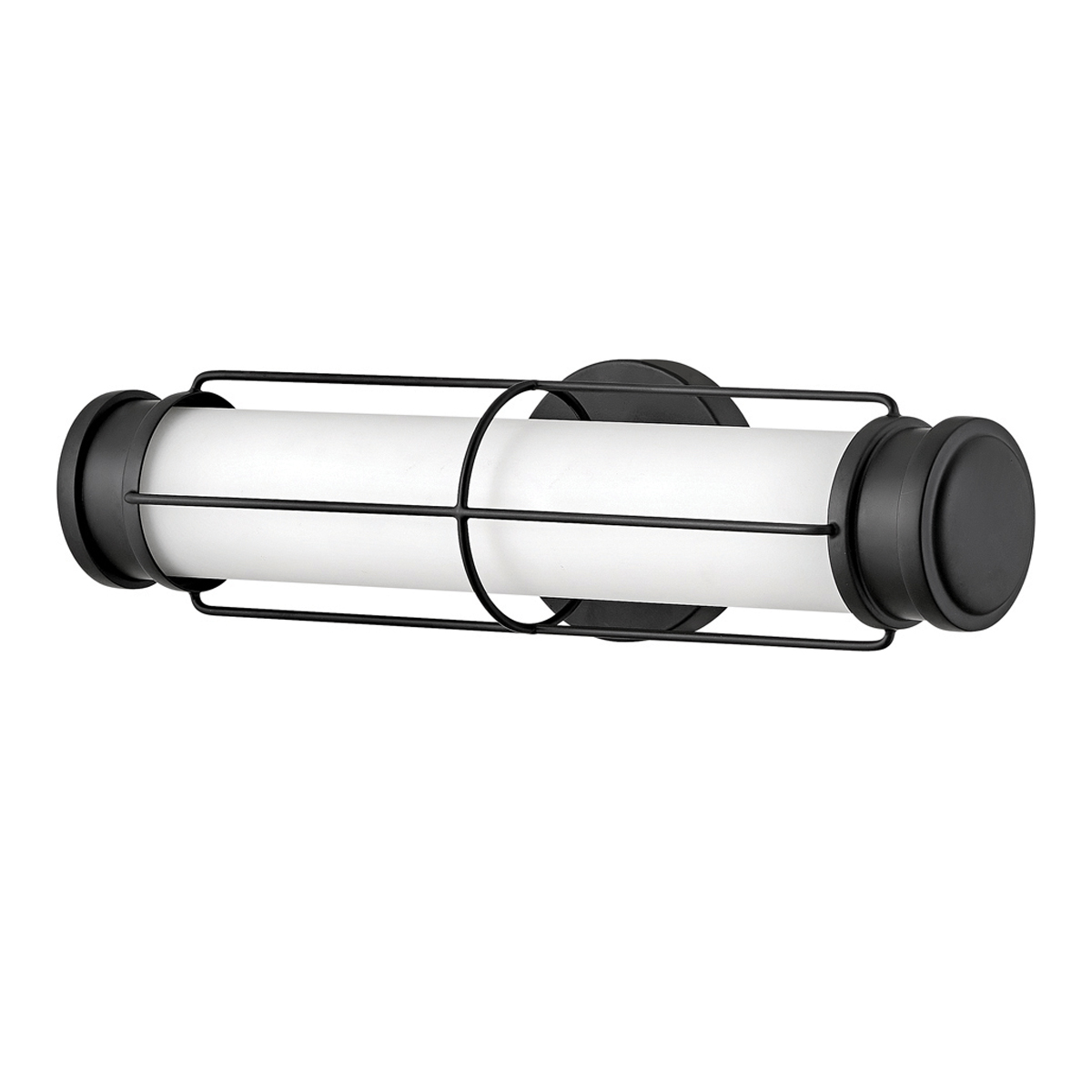 Saylor 43cm Sort badeværelseslampe Fra Elstead Lighting - Lampen er lavet af metal med en matsort finish og har et aflangt opalglas, der spreder et j&aelig;vnt og fint lys.