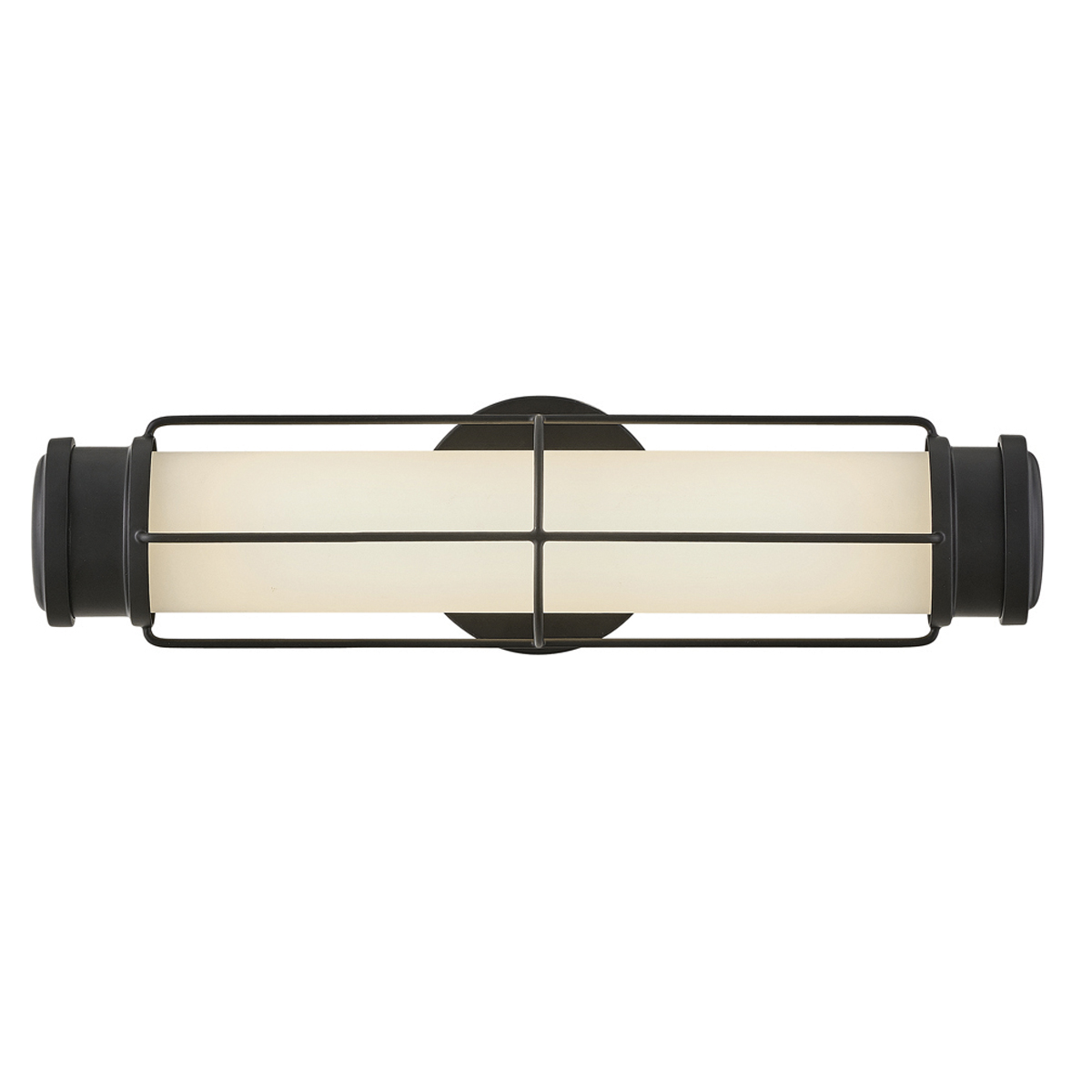 Saylor 43cm Sort badeværelseslampe Fra Elstead Lighting - Lampen er lavet af metal med en matsort finish og har et aflangt opalglas, der spreder et j&aelig;vnt og fint lys.