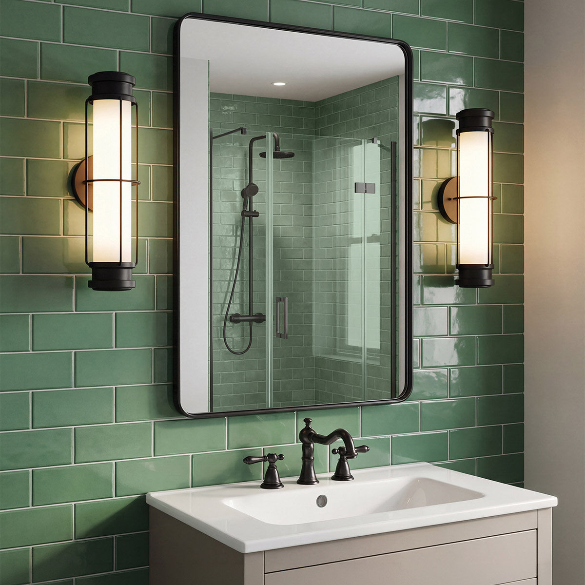 Saylor 43cm Sort badeværelseslampe Fra Elstead Lighting - Lampen er lavet af metal med en matsort finish og har et aflangt opalglas, der spreder et j&aelig;vnt og fint lys.