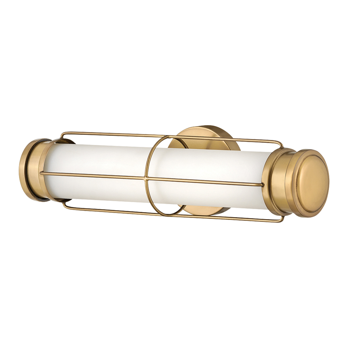 Saylor 43cm Messing badeværelseslampe Fra Elstead Lighting - Lampen er lavet af metal med en varm messingfinish og har et aflangt opalglas, der spreder et j&aelig;vnt og fint lys.