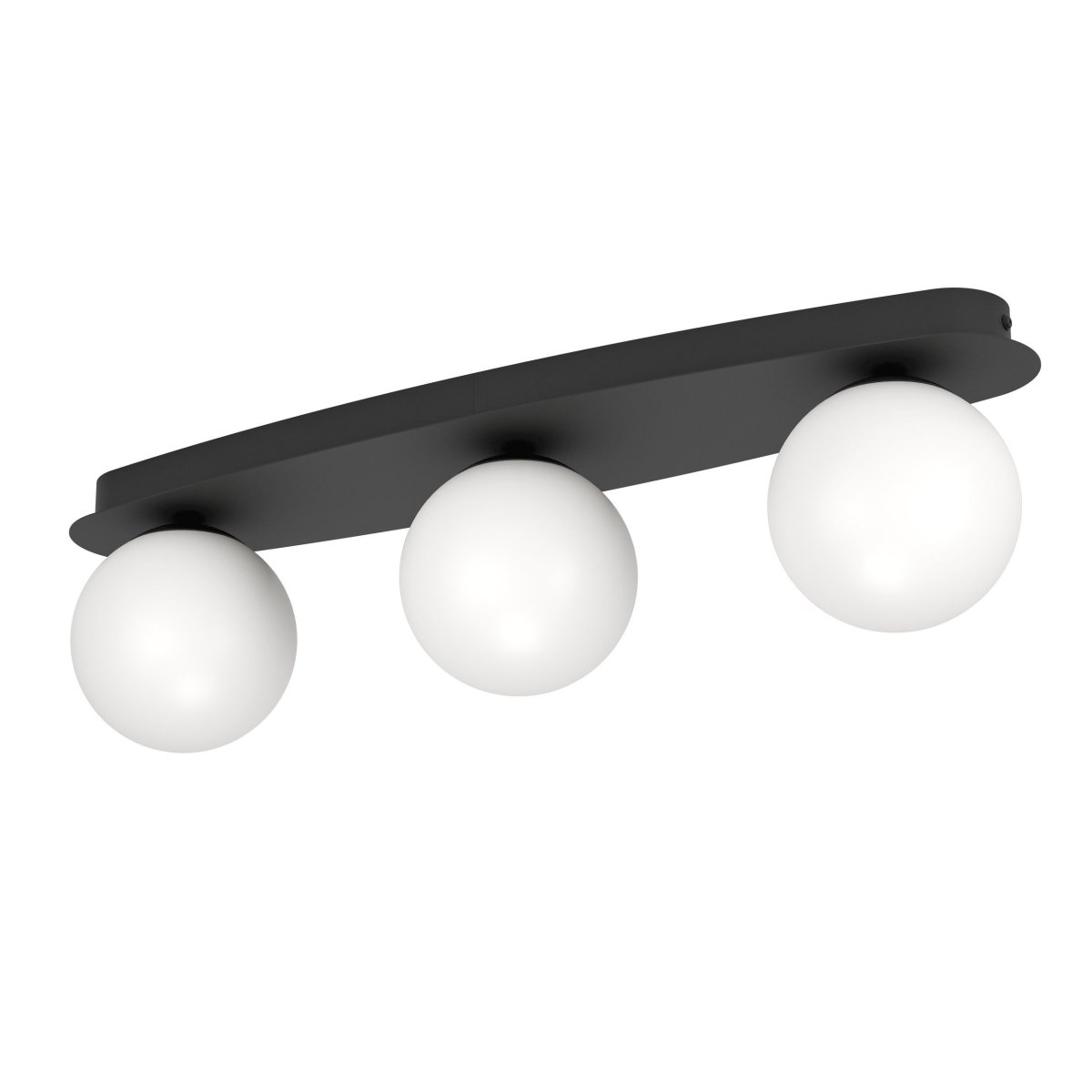 Castrovido 58cm Sort badeværelseslampe Fra Eglo - Den er lavet af sort metal og har tre runde opalglaskupler, der spreder et bl&oslash;dt og j&aelig;vnt lys.