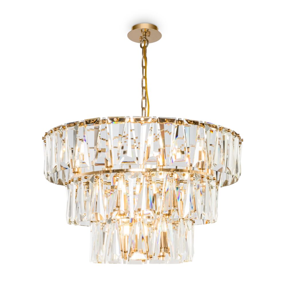 Puntes Ø77 Guld krystal Fra Maytoni - Puntes er en elegant loftslysekrone i guldfarvet metal med funklende prismer, der omgiver lyskilderne og skaber et magisk lysspil, n&aring;r lampen er t&aelig;ndt.