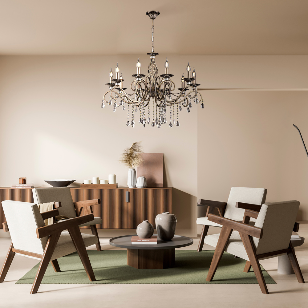 Grace Ø85 Bronze loftslampe Fra Maytoni - Grace er en elegant metallysekrone med en stilfuld bronzefinish og dekorative prismer, der reflekterer lyset smukt.