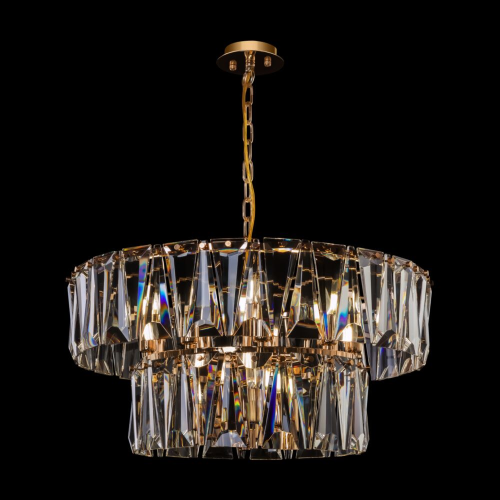Puntes Ø68 Guld krystal Fra Maytoni - Puntes er en elegant loftslysekrone i guldfarvet metal med funklende prismer, der omgiver lyskilderne og skaber et magisk lysspil, n&aring;r lampen er t&aelig;ndt.
