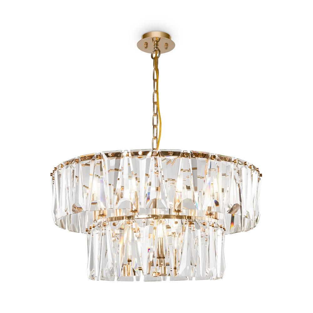 Puntes Ø68 Guld krystal Fra Maytoni - Puntes er en elegant loftslysekrone i guldfarvet metal med funklende prismer, der omgiver lyskilderne og skaber et magisk lysspil, n&aring;r lampen er t&aelig;ndt.