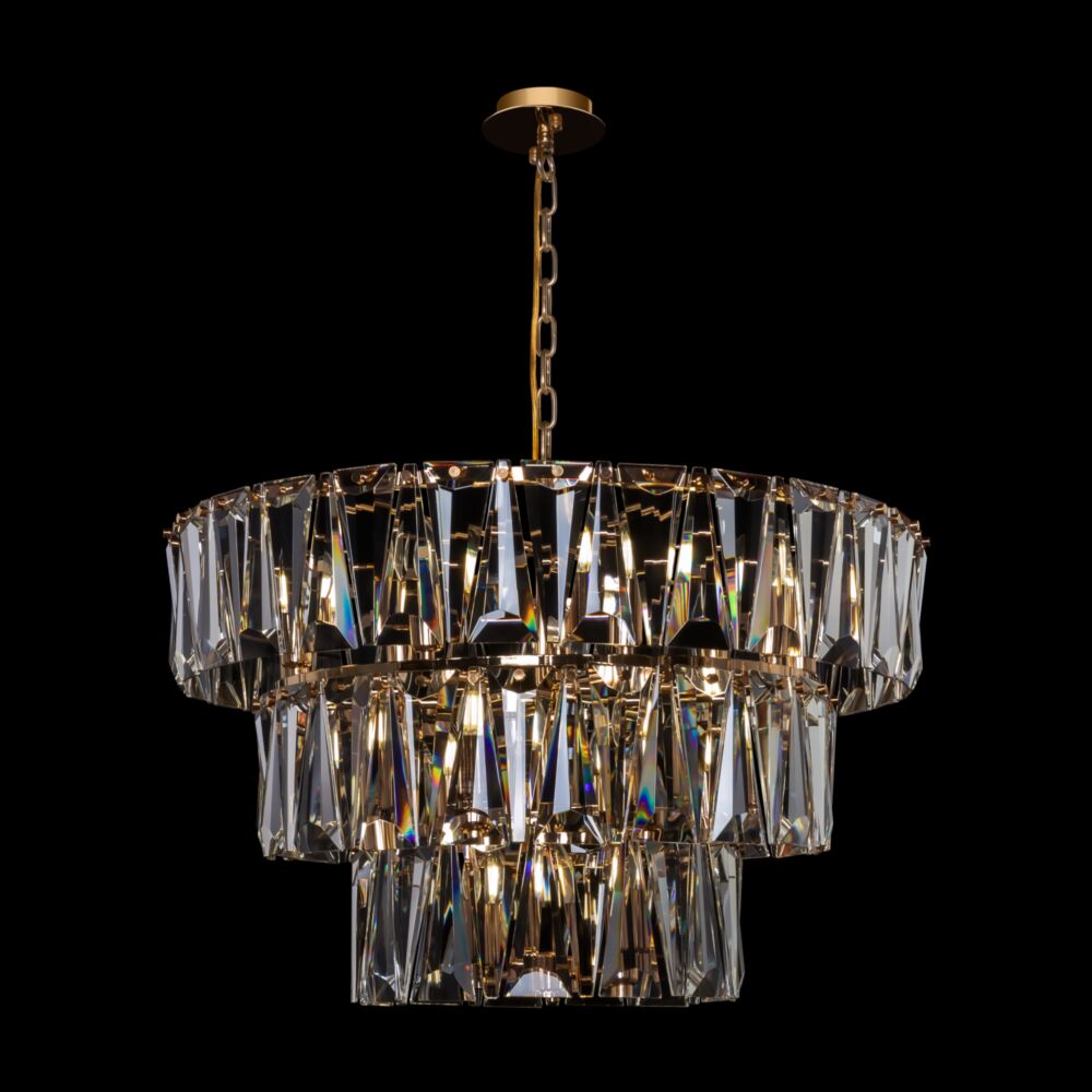 Puntes Ø77 Guld krystal Fra Maytoni - Puntes er en elegant loftslysekrone i guldfarvet metal med funklende prismer, der omgiver lyskilderne og skaber et magisk lysspil, n&aring;r lampen er t&aelig;ndt.