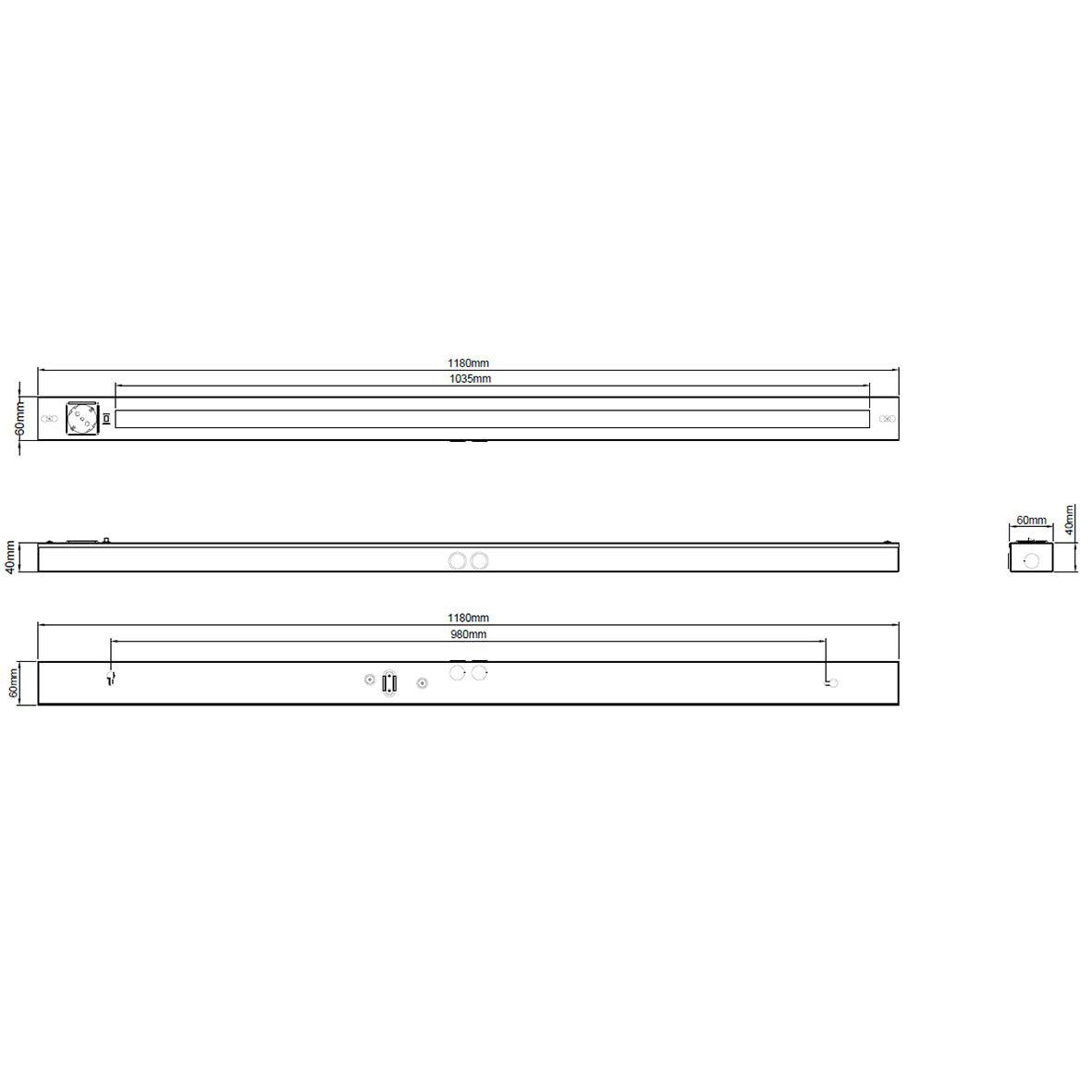 Bänky m. uttag 118cm Hvid Fra Designlight - Denne model er 580 mm lang og giver et kraftigt, j&aelig;vnt lys med en effekt p&aring; 10W og en lysstr&oslash;m p&aring; 2000 lumen, ideel til at oplyse hele bordpladen.