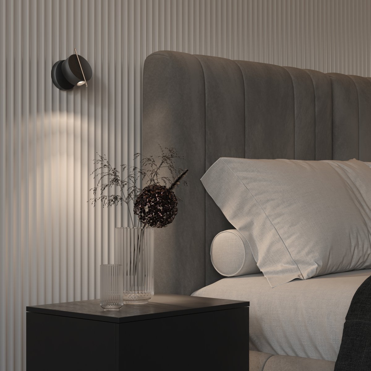Nuance Ø10 Sort væglampe Fra Maytoni - Den drejelige base og justerbare lyskilde, som nemt kan justeres med en elegant metalstang, skaber både et behageligt arbejdslys og en hyggelig atmosfære i soveværelset.