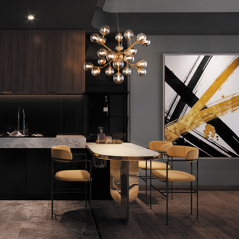 Dallas Ø65 Guld loftslampe Fra Maytoni - Dens unikke design med runde glaskupler i forskellige retninger skaber et dramatisk og elegant lysspil, der fylder rummet med varme og karakter.