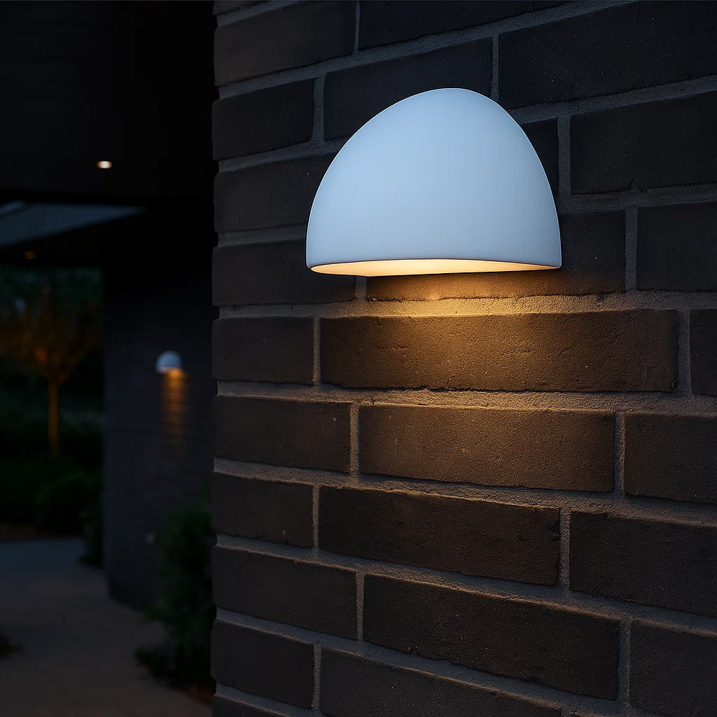 Karlskrona Hvid udendørslampe Fra Nordic Lighting - Lampen lyser flot ned p&aring; facaden.