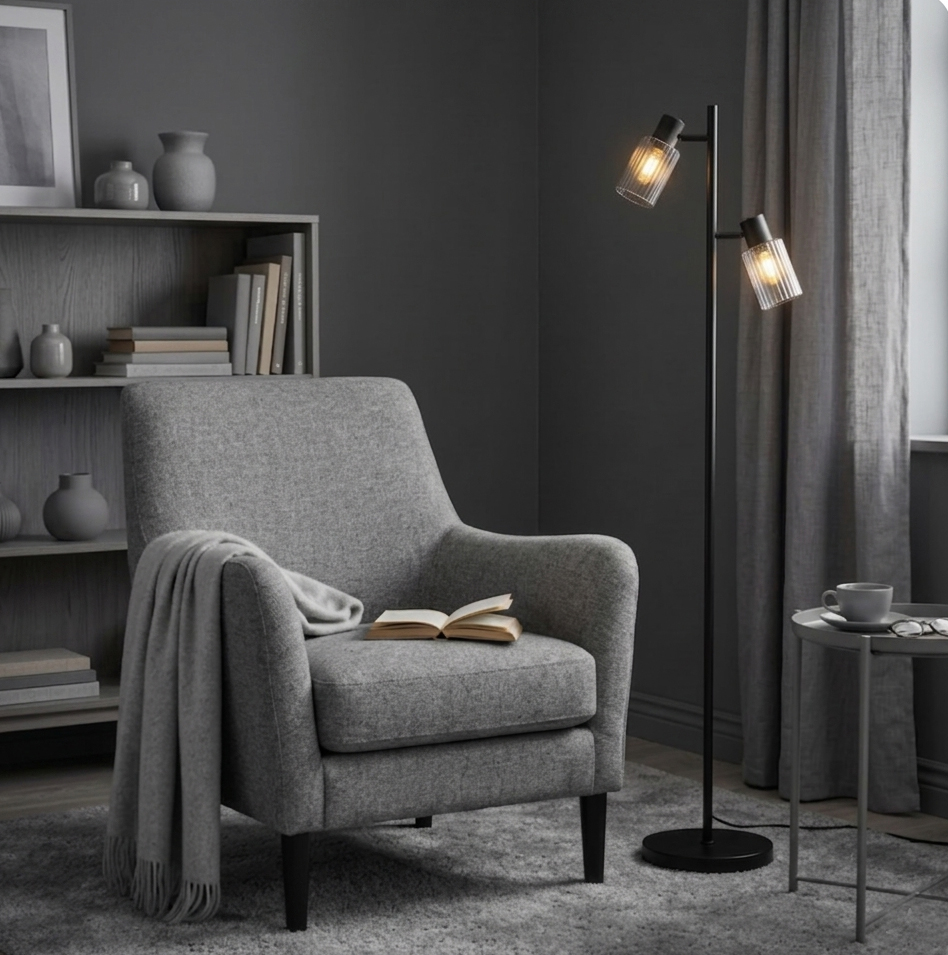 Kiera 2 Sort/Røget gulvlampe Fra Cottex - De krydsformede sk&aelig;rme kan vinkles for at styre lyset og skabe en u&oslash;nsket atmosf&aelig;re i rummet.