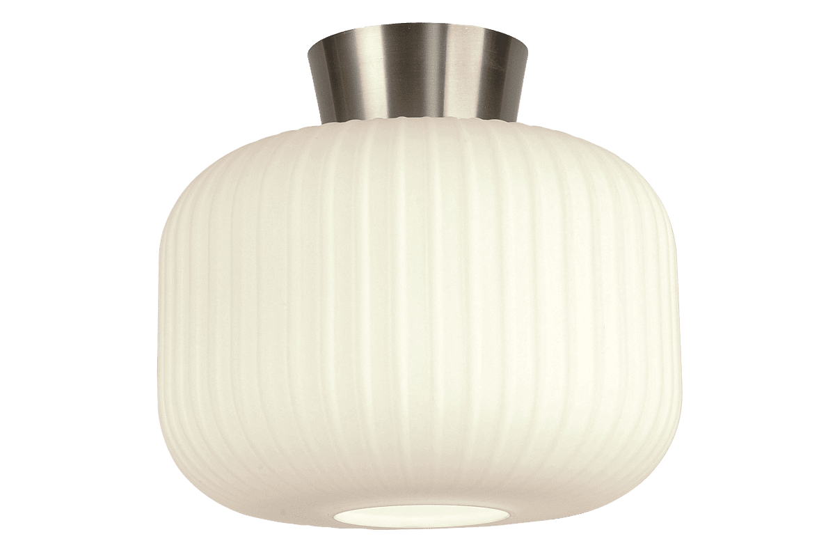 Zoom billede af Vanja Ø28 Hvid/stål plafond Fra Aneta Lighting - Vanja er en stilfuld loftslampe med en bl&oslash;dt afrundet form og dekorativt riflet glas.