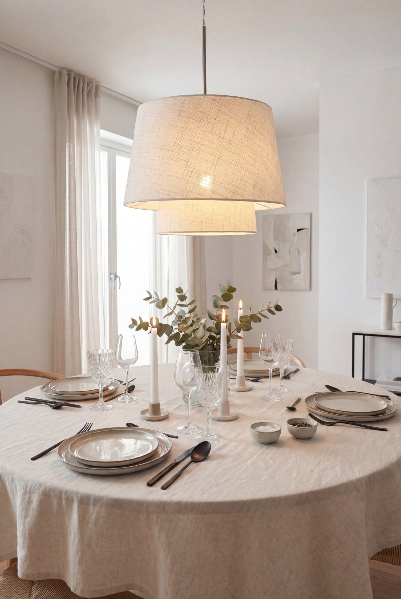Doble Ø48 Beige loftslampe Fra Aneta Lighting - Doble loftspendlen har et stilfuldt og bl&oslash;dt design, hvor to tekstilsk&aelig;rme i forskellige st&oslash;rrelser m&oslash;des i et smukt lagdelt udtryk.