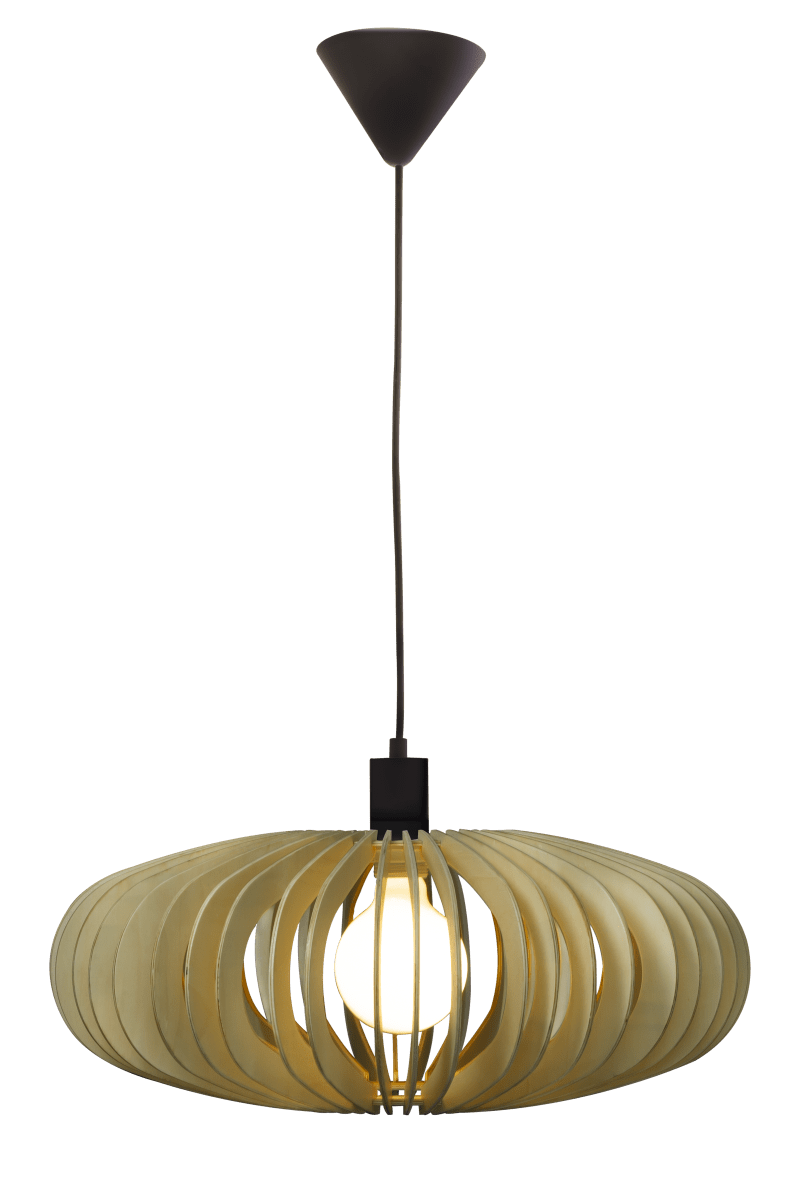 Arcos Ø50 Træ loftslampe Fra Aneta Lighting - Den elegante loftslampe Arcos består af krydsfinerlameller i en blød afrundet form, der skaber en smuk lys- og skyggeeffekt.