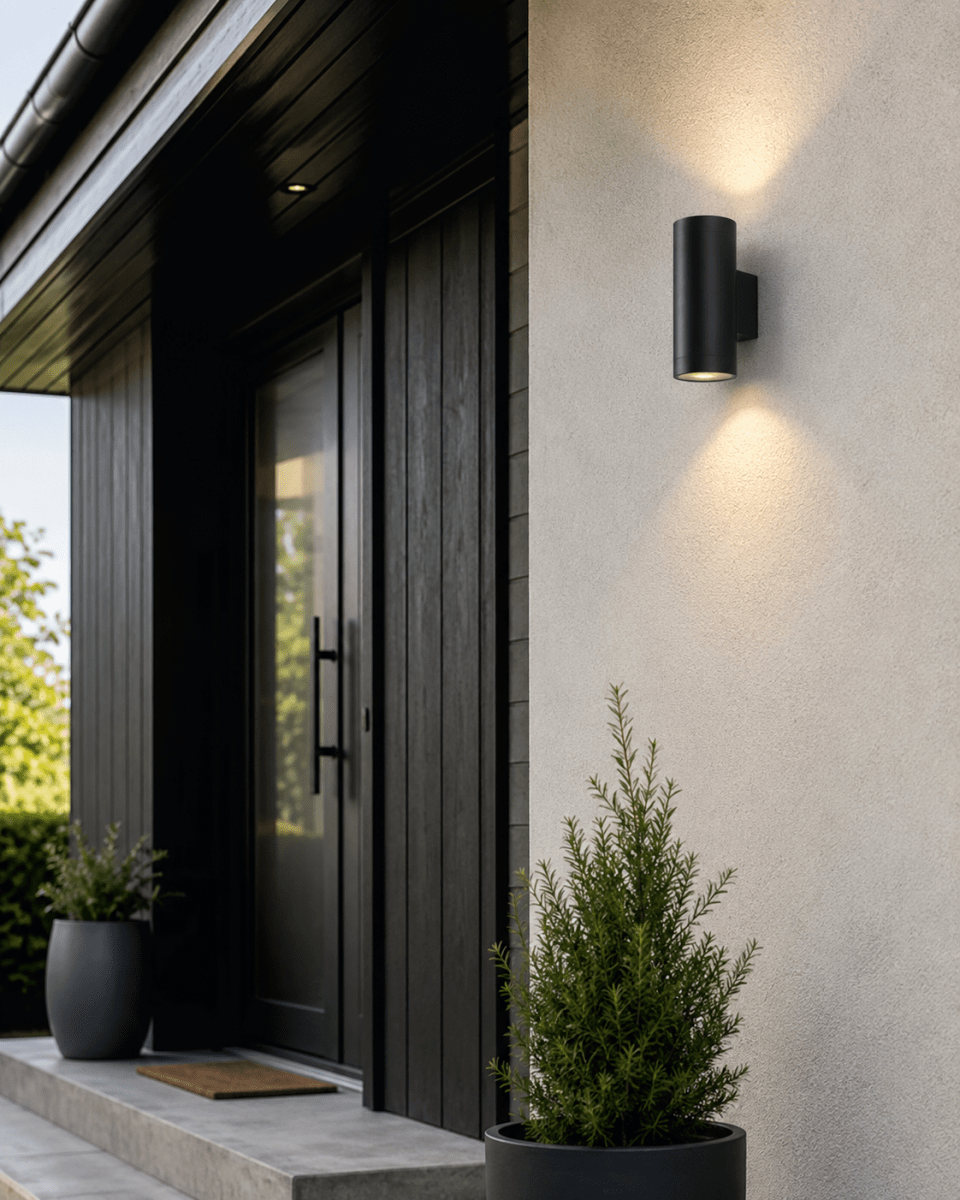 Oden Duo Sort udendørslampe Fra Lampan - Lampan lyser fint b&aring;de upp och ner p&aring; v&auml;ggen.