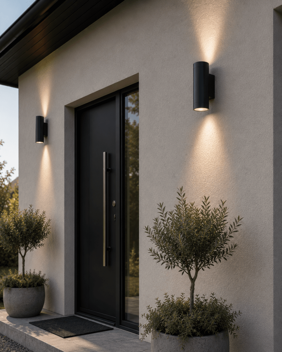 Oden Duo Antracit udendørslampe Fra Lampan - Lampan lyser fint b&aring;de upp och ner p&aring; v&auml;ggen.