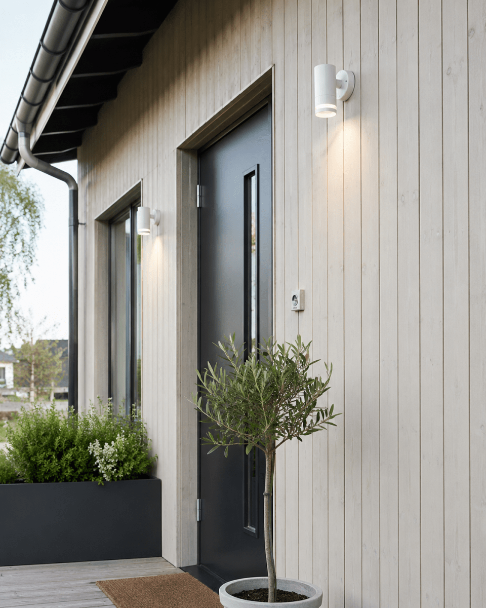 Cylinder Hvid udendørslampe Fra Lampan - Lampan lyser fint ner p&aring; v&auml;ggen och skapar en h&auml;rlig atmosf&auml;r.
