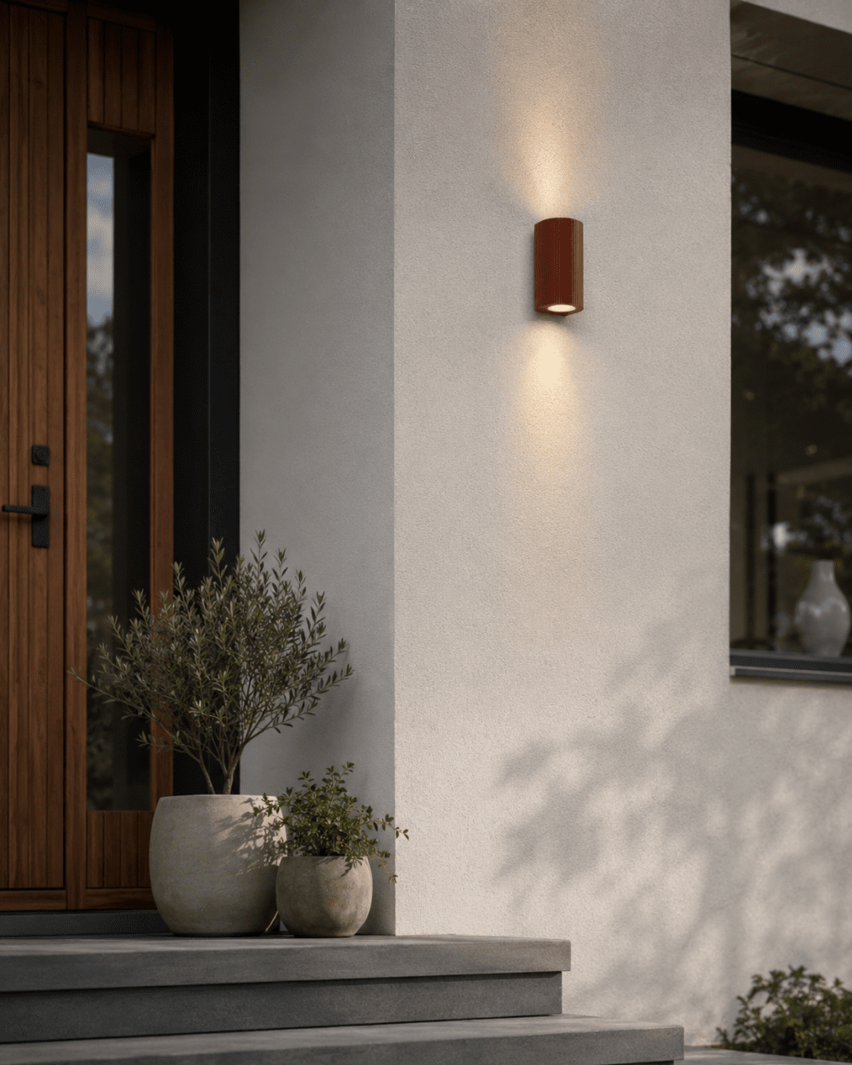 Freja Duo Rust udendørslampe Fra Lampan - Fremstillet af metal i en rust/orange finish med en dekorativ ribbet struktur, der giver lampen et levende og eksklusivt udseende.