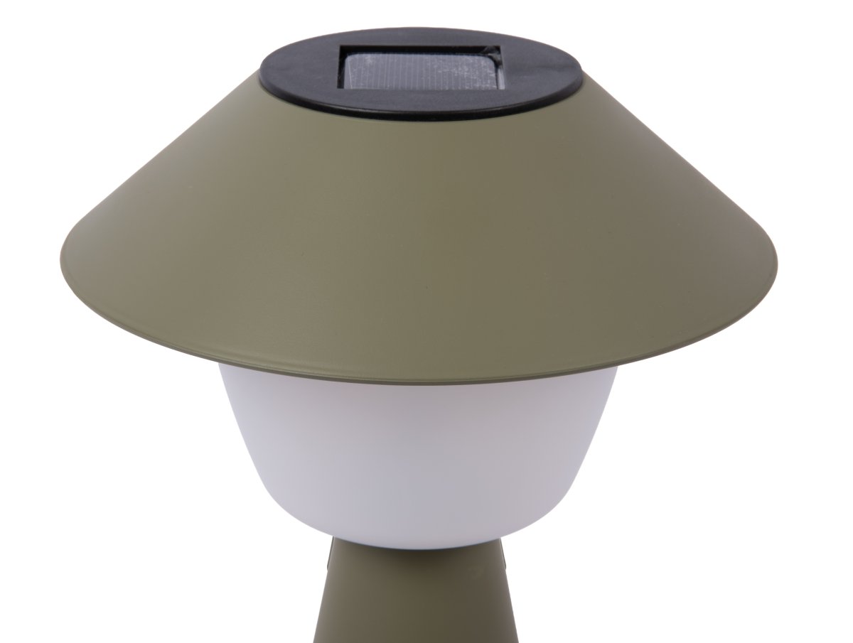 Marioneta 32cm Mørkegrøn solcellelampe Fra Leitmotiv - Den er lavet af plastik i en mørkegrøn skærm med en hvid kuppel, der spreder et blødt og behageligt lys.