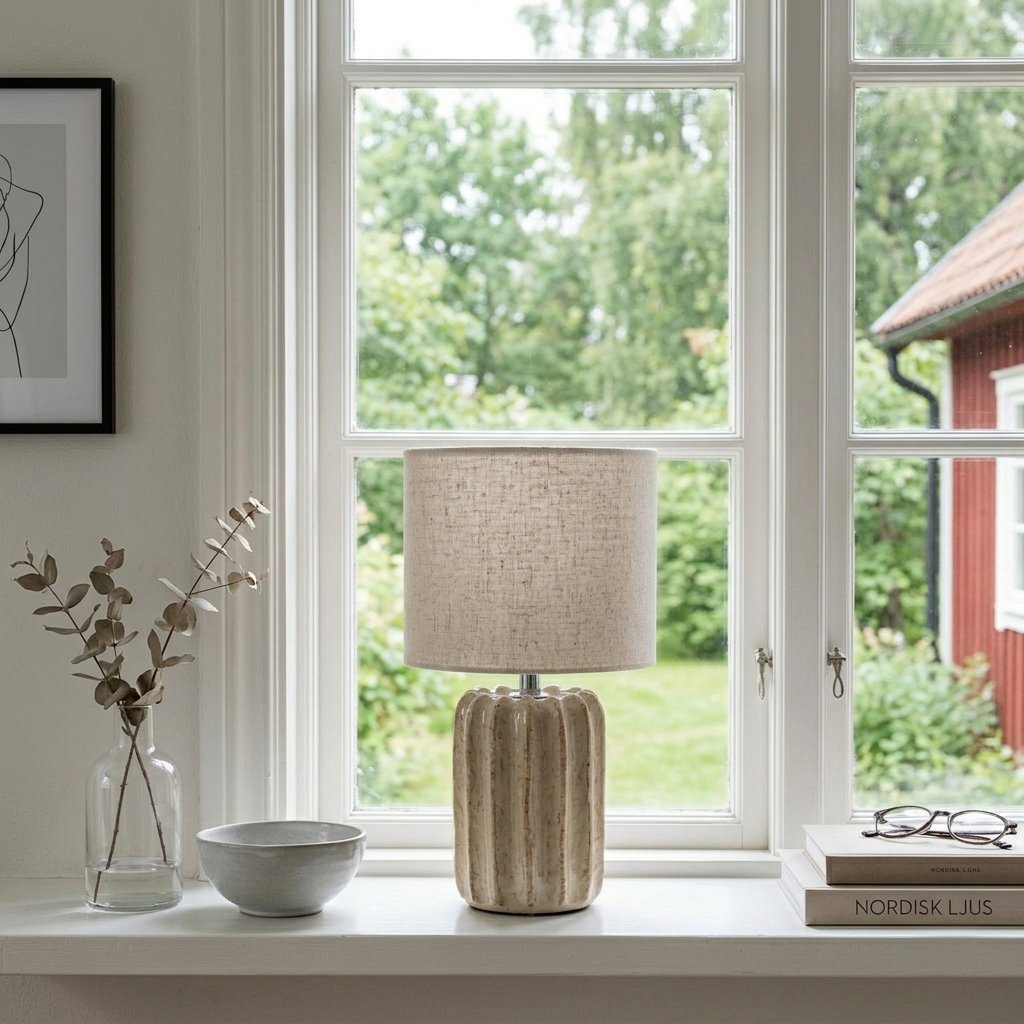 Flint 33cm Beige bordlampe Fra Cottex - Lampefoden er kombineret med en beige tekstilsk&aelig;rm, der skaber en bl&oslash;d og harmonisk helhed.
