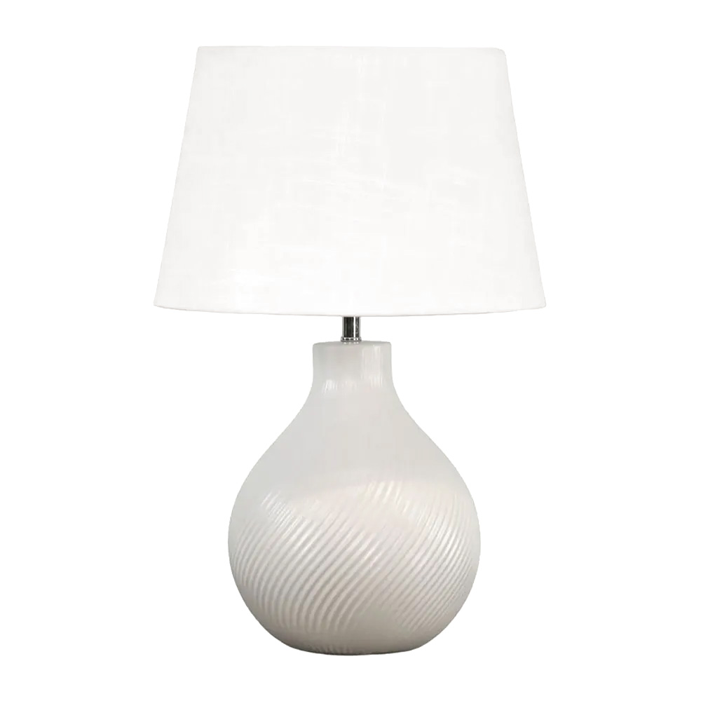 Manchester 50cm Hvid bordlampe Fra Nordic Lighting - Manchester bordlampen har en elegant, hvid keramisk base med bl&oslash;dt snoede ribber og en hvid linnedsk&aelig;rm.