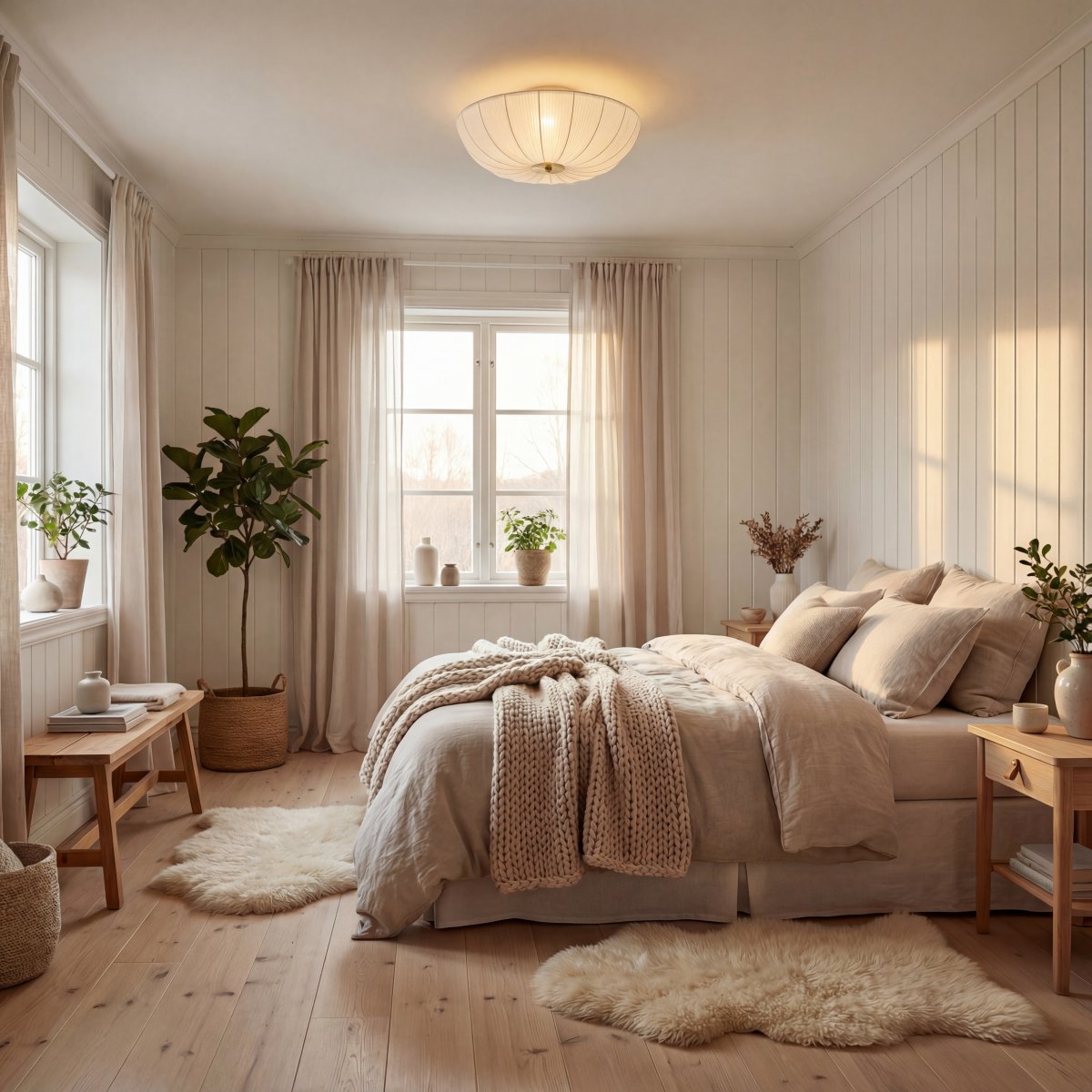 Lady Ø45 Hvid plafond Fra Aneta Lighting - N&aring;r lampen er t&aelig;ndt, spredes et bl&oslash;dt og behageligt lys gennem stoffet og skaber en varm atmosf&aelig;re i rummet.