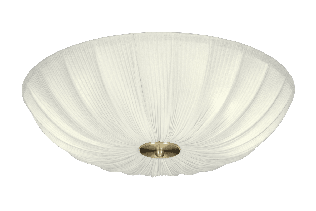 Lady Ø55 Hvid plafond Fra Aneta Lighting - N&aring;r lampen er t&aelig;ndt, spredes et bl&oslash;dt og behageligt lys gennem stoffet og skaber en varm atmosf&aelig;re i rummet.