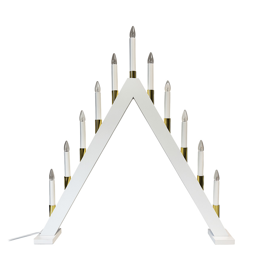 Hilda 11 Hvid Fra Pixie Design - Hilda lysestagen med 11 arme i hvid finish og gulddetaljer er en elegant og klassisk borddekoration, der bringer julestemningen ind i dit hjem.