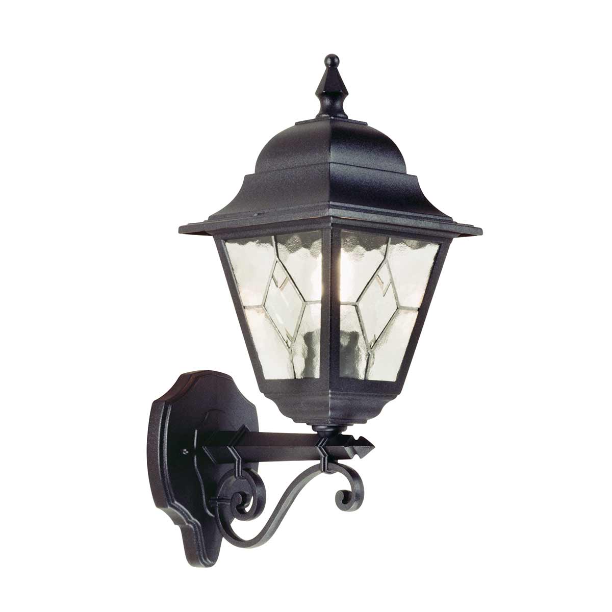 Norfolk Sort udendørslampe Fra Elstead Lighting - Norfolk v&aelig;glampe tilbyder et elegant og moderne design med sine blyindfattede glaspaneler, hvor hvert panel best&aring;r af fem h&aring;ndsk&aring;rne glasstykker.