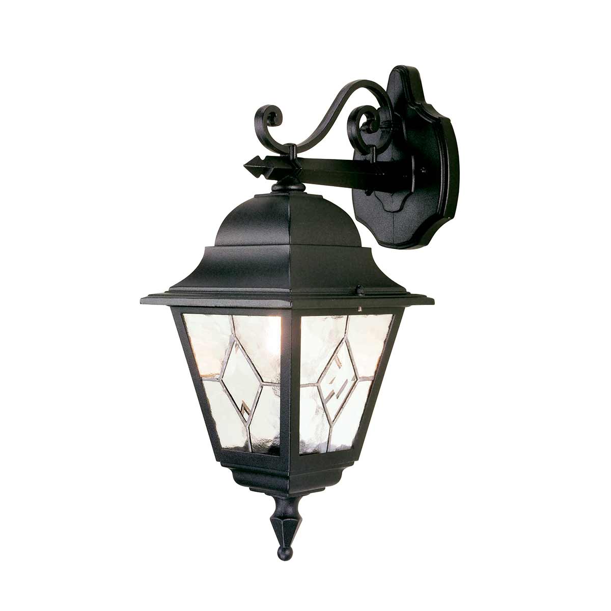 Norfolk Sort udendørslampe Fra Elstead Lighting - Norfolk væglampe tilbyder et elegant og moderne design med sine blyindfattede glaspaneler, hvor hvert panel består af fem håndskårne glasstykker.