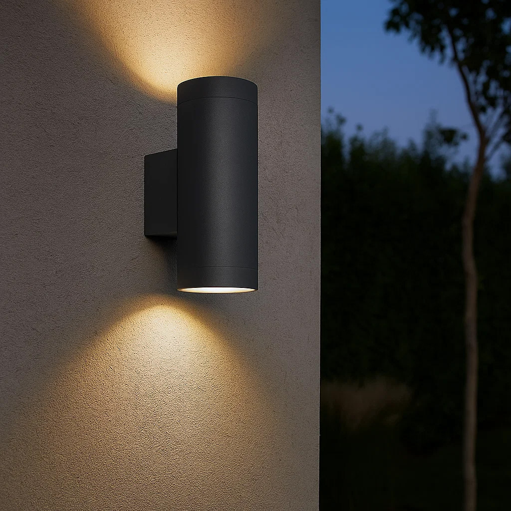 Oden Duo Antracit udendørslampe Fra Lampan - Lampan lyser fint b&aring;de upp och ner p&aring; v&auml;ggen.