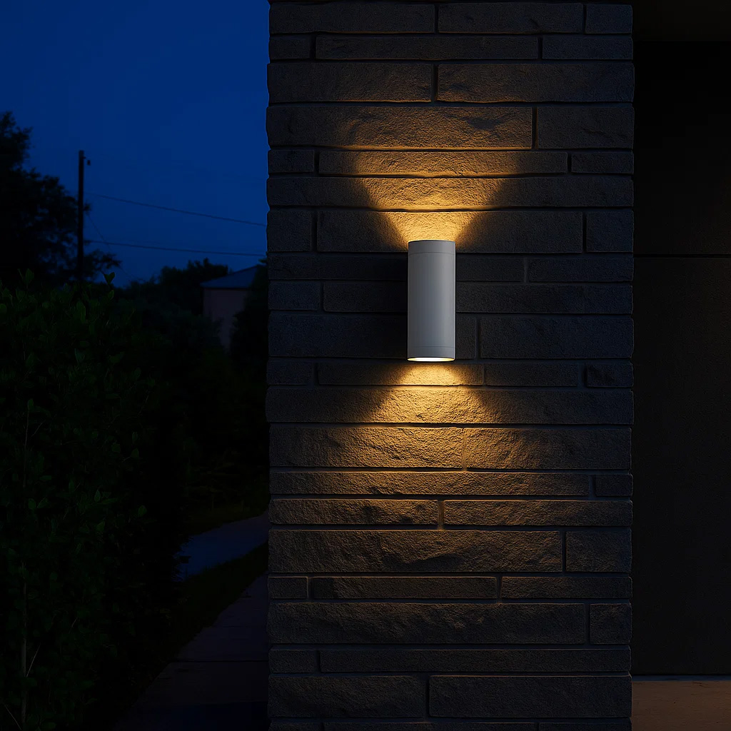 Oden Duo Hvid udendørslampe Fra Lampan - Lampan lyser fint b&aring;de upp och ner p&aring; v&auml;ggen.