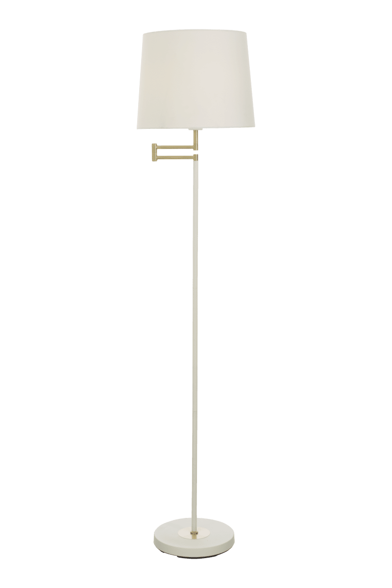 Birka Hvid gulvlampe Fra Aneta Lighting - Birka gulvlampe i hvidlakeret metal og detaljer i messing p&aring; drejearm, inklusive tekstilskærm.