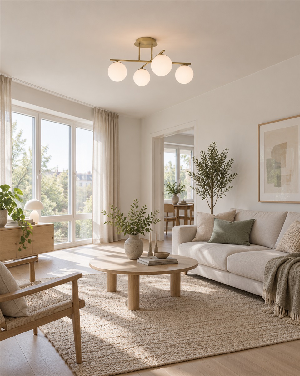 Globi 4 Ø65 Børstet messing/hvid plafond Fra Nordic Lighting - Metalrammen i b&oslash;rstet messingfinish skaber en elegant kontrast til de fire runde opalglaskupler, der spreder lyset j&aelig;vnt i rummet uden at bl&aelig;nde.
