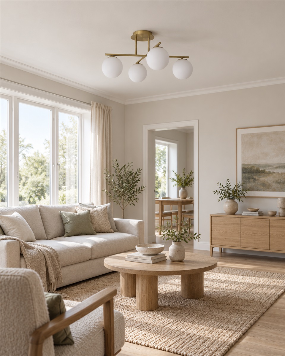 Globi 4 Ø65 Børstet messing/hvid plafond Fra Nordic Lighting - Metalrammen i b&oslash;rstet messingfinish skaber en elegant kontrast til de fire runde opalglaskupler, der spreder lyset j&aelig;vnt i rummet uden at bl&aelig;nde.