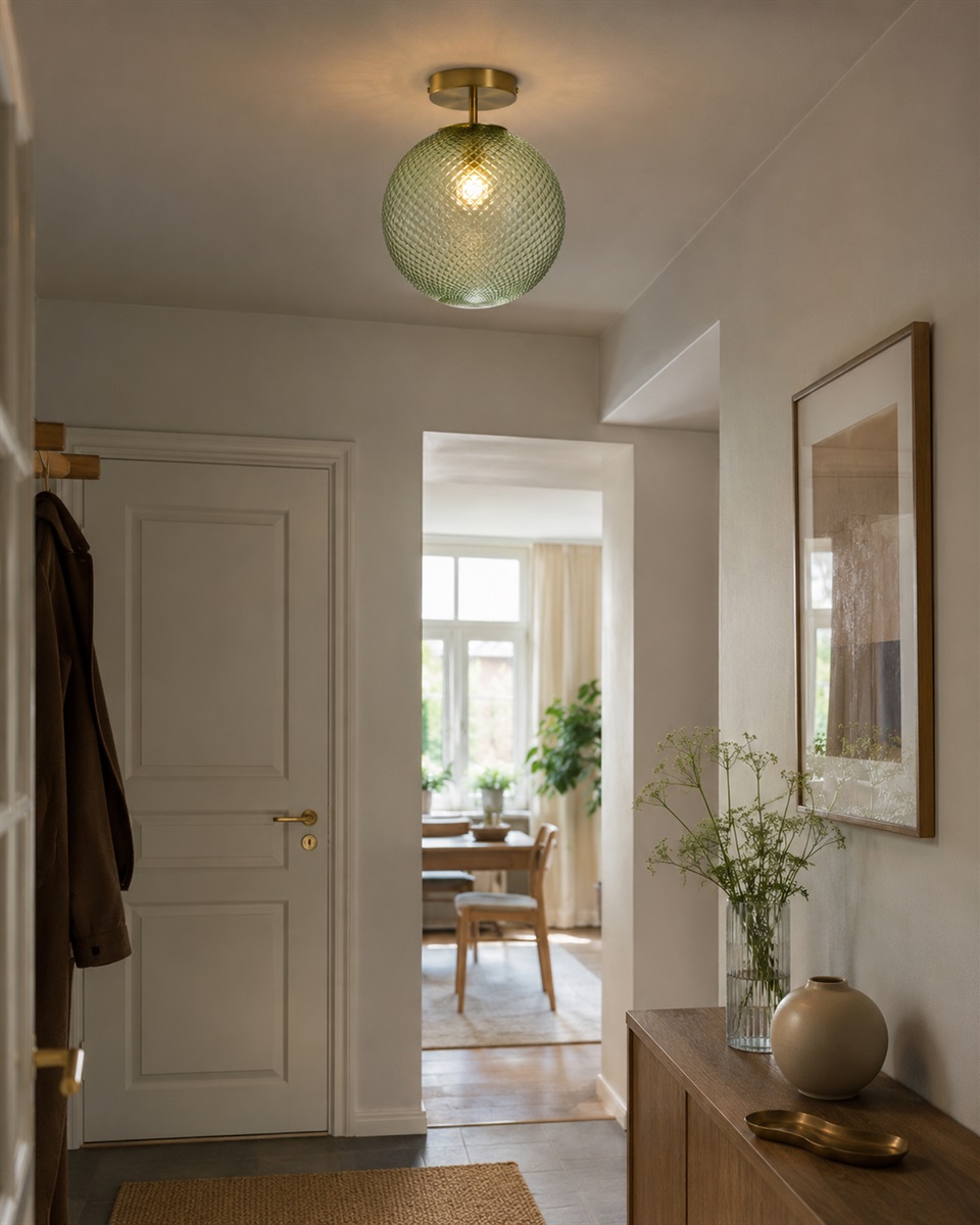 Korridor Ø25 Grøn plafond Fra Lampan - Korridor passer lige s&aring; godt i entr&eacute; og sovev&aelig;relse som i stuen og bliver en dekorativ detalje, selv n&aring;r den er slukket.