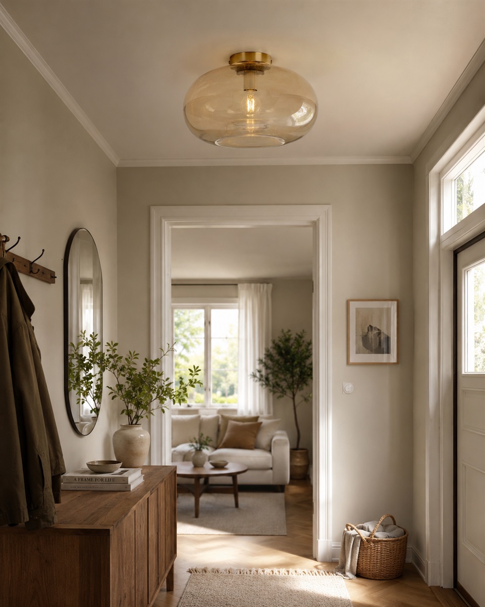 Munc Ø40 Rav plafond Fra Lampan - Munc er en elegant loftlampe, der kombinerer glas og metal i et bl&oslash;dt og stilfuldt design.