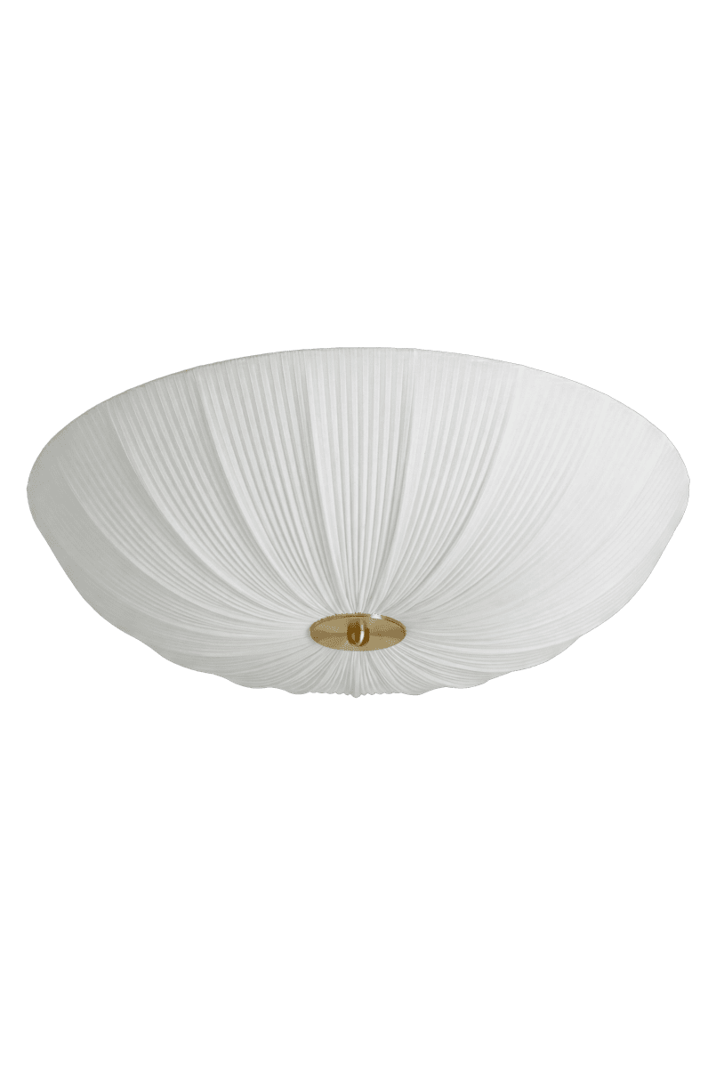 Lady Ø55 Hvid plafond Fra Aneta Lighting - N&aring;r lampen er t&aelig;ndt, spredes et bl&oslash;dt og behageligt lys gennem stoffet og skaber en varm atmosf&aelig;re i rummet.