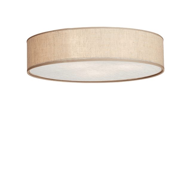 Soft Ø50 Beige linned plafond Fra Belid - Skærmen i hør i en naturlig beige farve er kombineret med en hvid bundplade, der giver et jævnt og blændfrit lys.